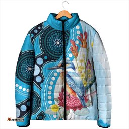 Australia Azure Kingfisher Padded Jacket Australian Native Flowers Indigenous Art LT14