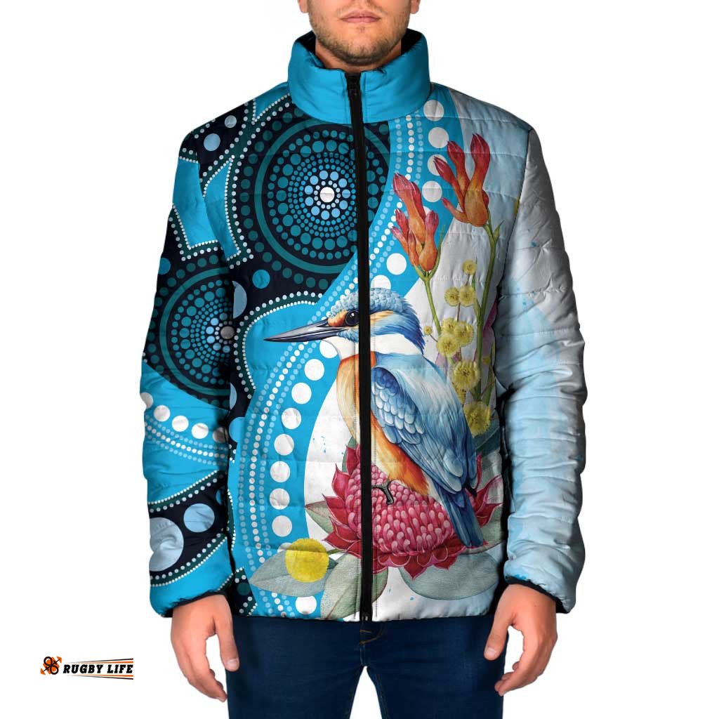 Australia Azure Kingfisher Padded Jacket Australian Native Flowers Indigenous Art LT14
