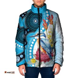 Australia Azure Kingfisher Padded Jacket Australian Native Flowers Indigenous Art LT14