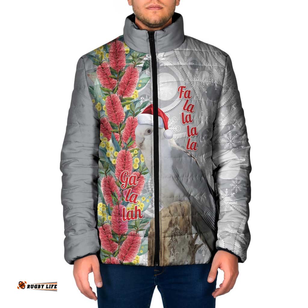 Blue Galah Mutation Christmas Australia Padded Jacket Falalalala Galalah Bottlebrush Grey Aboriginal Art LT14