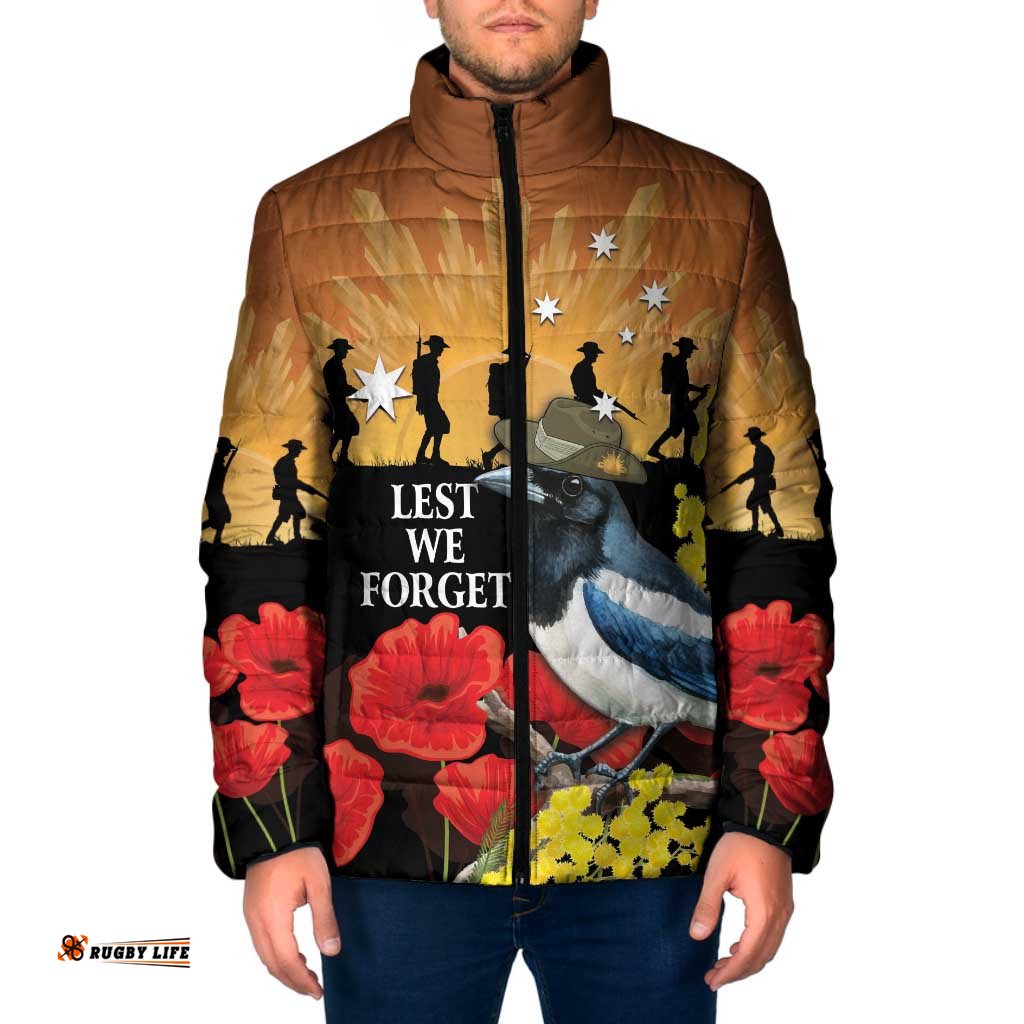 Australia Magpie ANZAC Day Padded Jacket Rising Sun 25th April Poppy Golden Wattle LT14