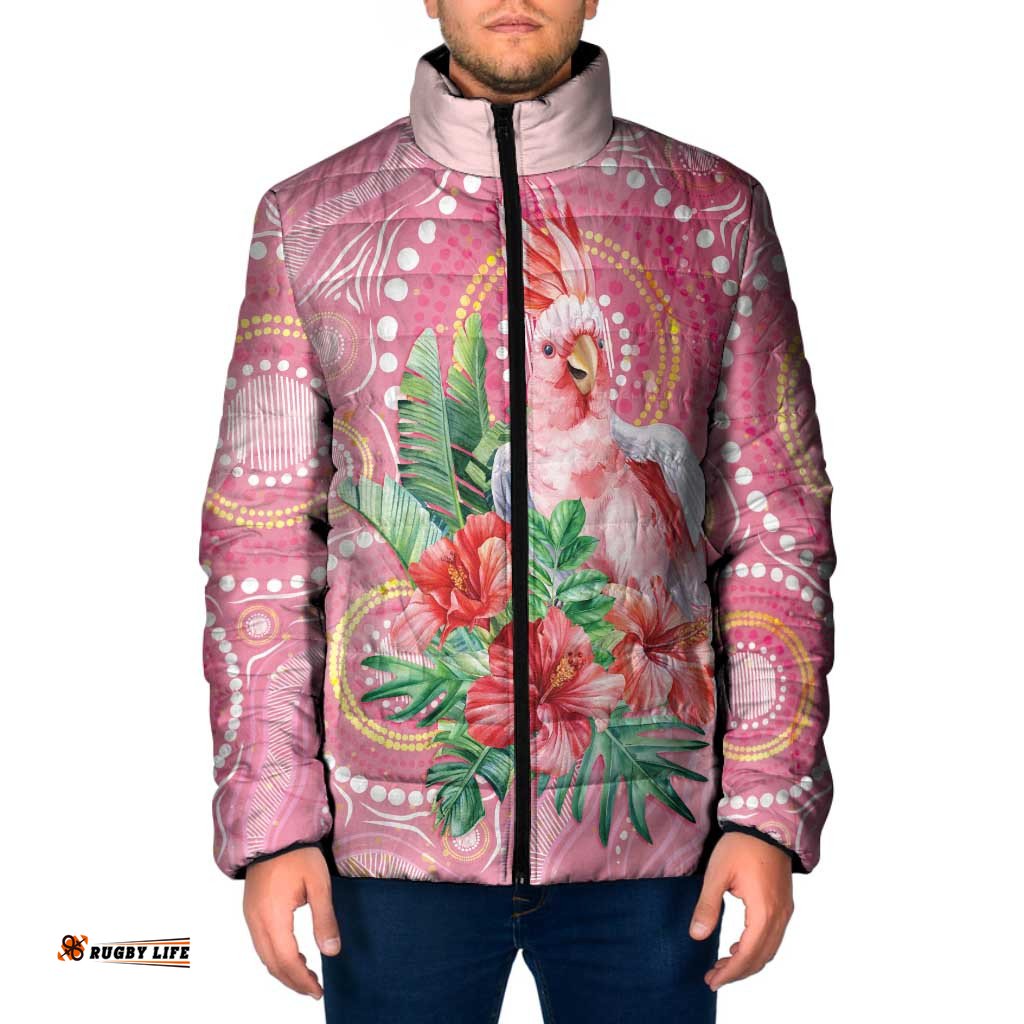 Breast Cancer Pink Cockatoo Padded Jacket Australia Indigenous Watercolor Glaze LT7