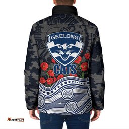 Geelong Cats ANZAC Day Padded Jacket Indigenous Dot Art with Poppy Flower Tribute TS04