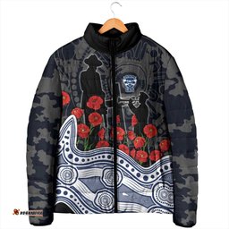 Geelong Cats ANZAC Day Padded Jacket Indigenous Dot Art with Poppy Flower Tribute TS04