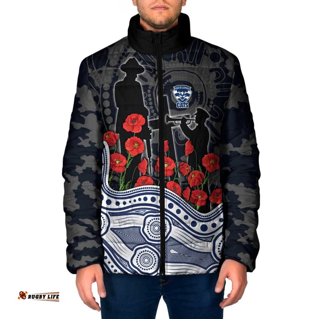 Geelong Cats ANZAC Day Padded Jacket Indigenous Dot Art with Poppy Flower Tribute TS04