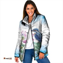 Australia Azure Kingfisher Padded Jacket Ceyx Azureus Sacred Lotus Watercolor LT14