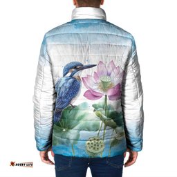 Australia Azure Kingfisher Padded Jacket Ceyx Azureus Sacred Lotus Watercolor LT14