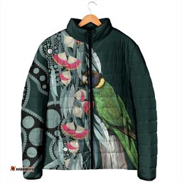 Australian Ringneck Parrot Padded Jacket Barnardius Zonarius Eucalyptus Flowers Aboriginal Art LT14