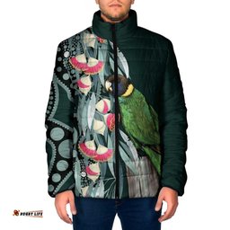 Australian Ringneck Parrot Padded Jacket Barnardius Zonarius Eucalyptus Flowers Aboriginal Art LT14