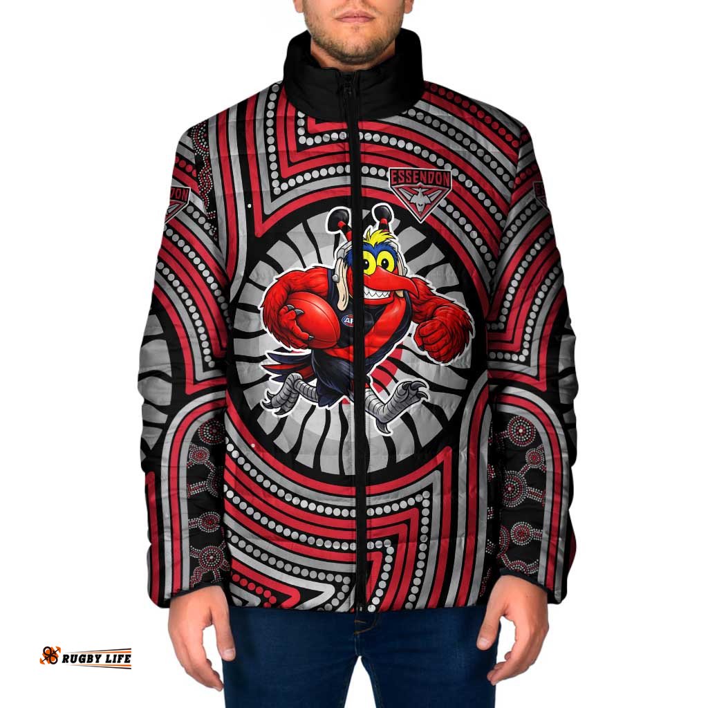 Essendon Football Club Padded Jacket Indigenous Monochrome Dot Art Mascot Style TS04