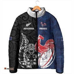 France And New Zealand Rugby Custom Padded Jacket Les Bleus Rooster With Maori Tiki LT05