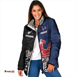France And New Zealand Rugby Custom Padded Jacket Les Bleus Rooster With Maori Tiki LT05
