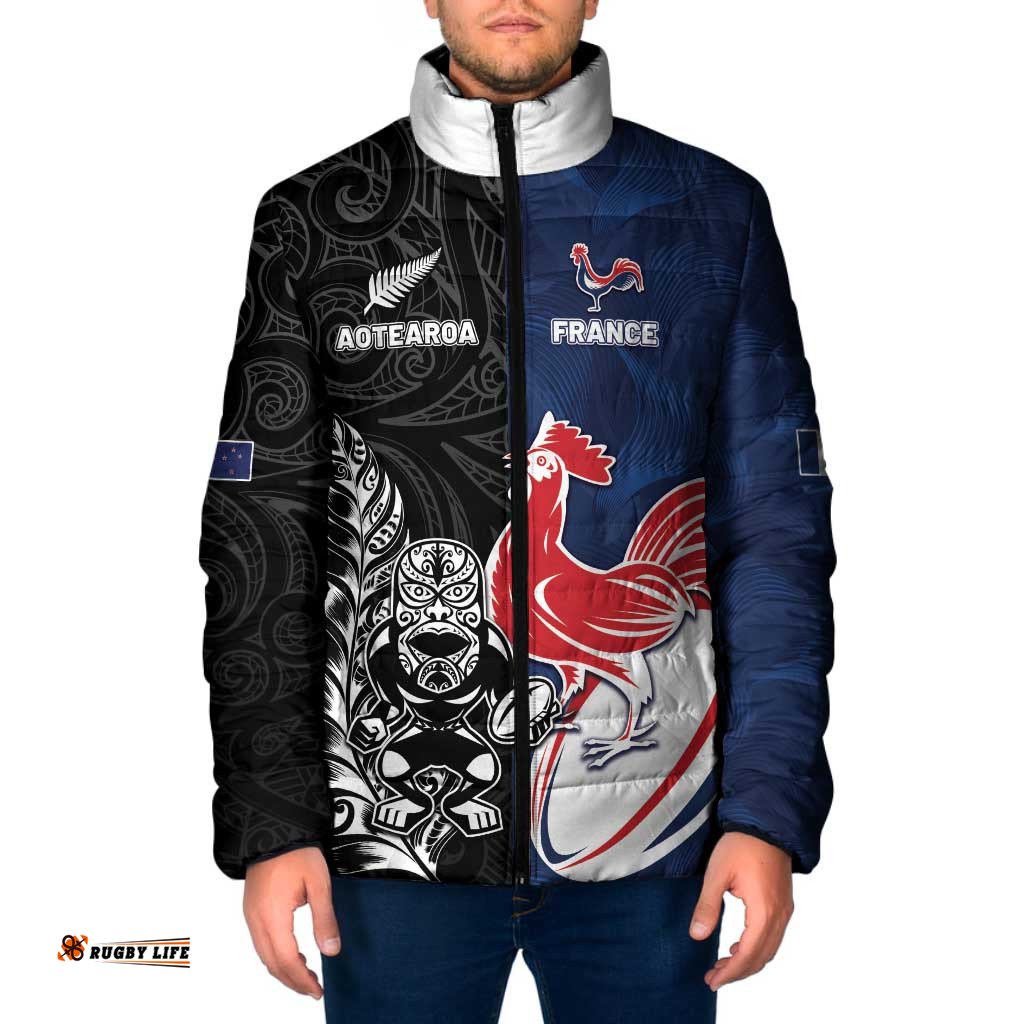 France And New Zealand Rugby Custom Padded Jacket Les Bleus Rooster With Maori Tiki LT05