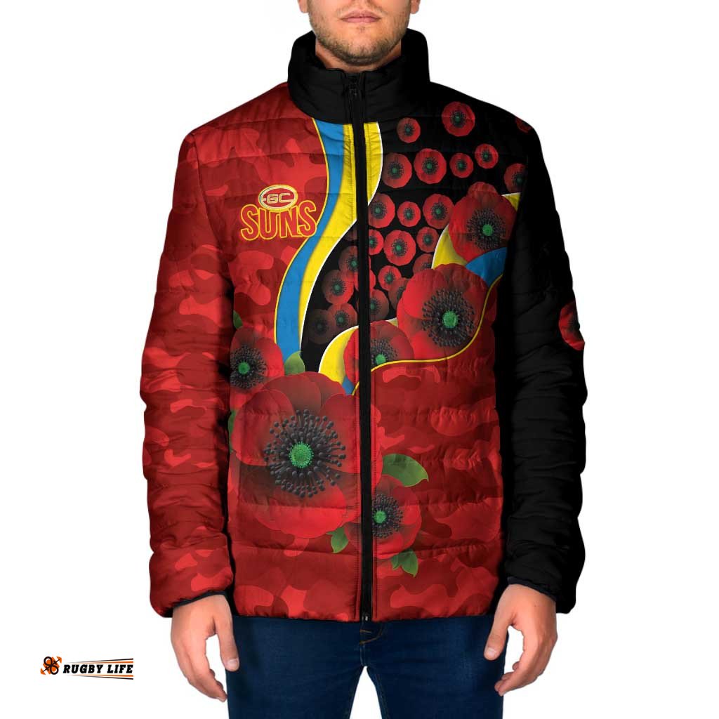 Gold Suns ANZAC Personalised Padded Jacket Lest We Forget Poppy Camo LT9