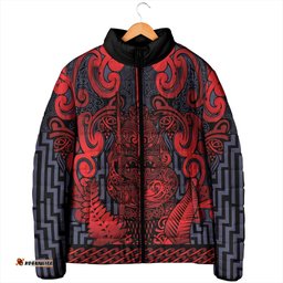 Custom New Zealand Taiaha Maori Padded Jacket Whero Minimalist Silver Fern Tukutuku Motif LT9