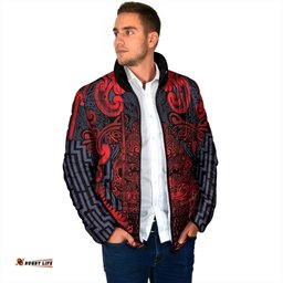 Custom New Zealand Taiaha Maori Padded Jacket Whero Minimalist Silver Fern Tukutuku Motif LT9