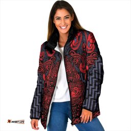 Custom New Zealand Taiaha Maori Padded Jacket Whero Minimalist Silver Fern Tukutuku Motif LT9
