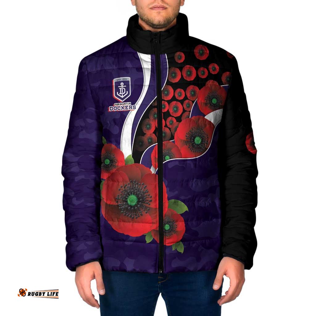Fremantle Dockers ANZAC Personalised Padded Jacket Lest We Forget Poppy Camo LT9