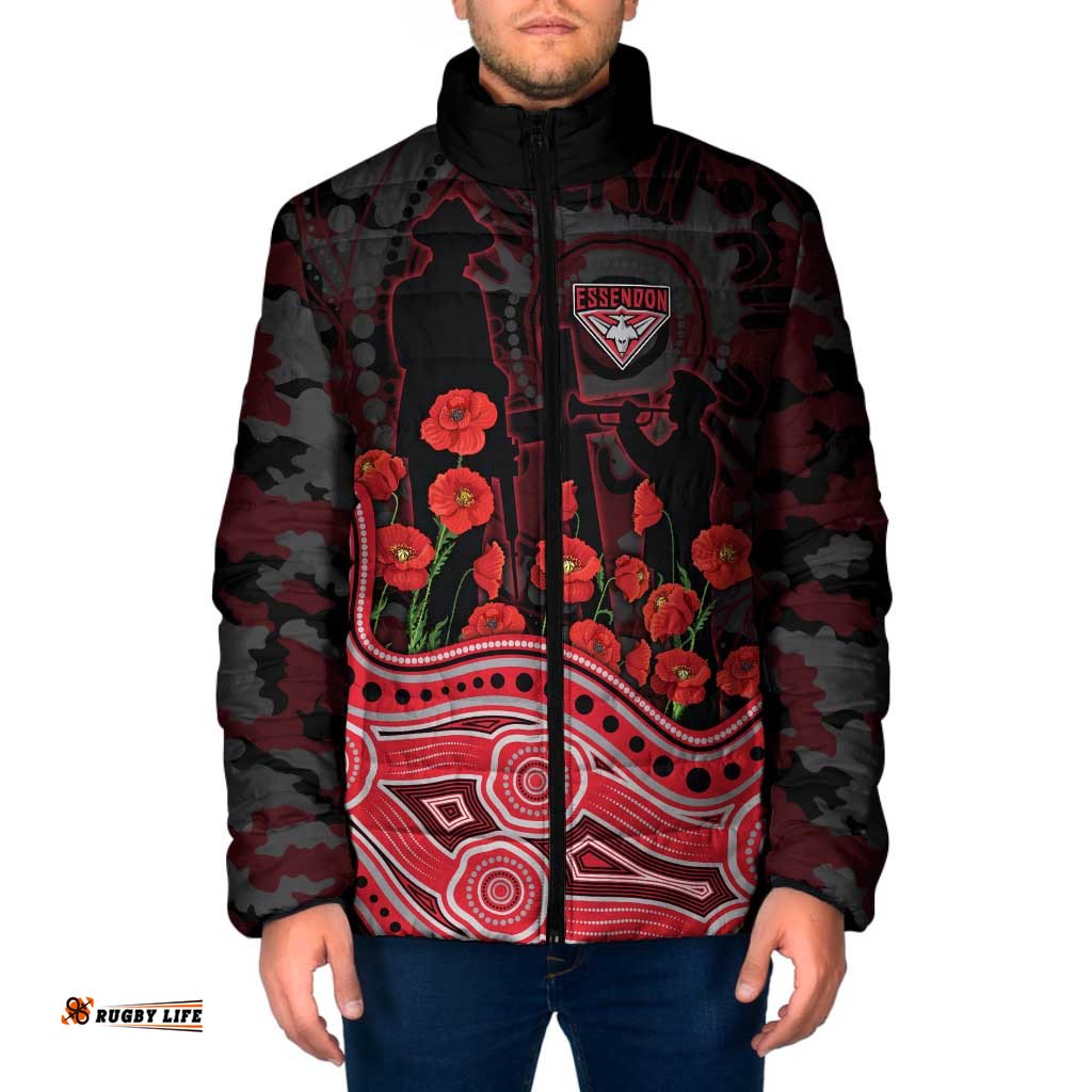 Essendon Bombers ANZAC Day Padded Jacket Indigenous Dot Art with Poppy Flower Tribute TS04