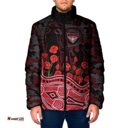 Essendon Bombers ANZAC Day Padded Jacket Indigenous Dot Art with Poppy Flower Tribute TS04
