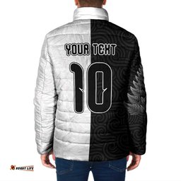 Custom New Zealand Football Padded Jacket Silver Fern and Maori Tribal Black White Half Sporty Style LT03