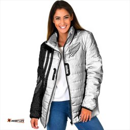 Custom New Zealand Football Padded Jacket Silver Fern and Maori Tribal Black White Half Sporty Style LT03