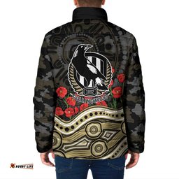 Collingwood Magpies ANZAC Day Padded Jacket Indigenous Dot Art with Poppy Flower Tribute TS04