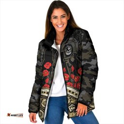 Collingwood Magpies ANZAC Day Padded Jacket Indigenous Dot Art with Poppy Flower Tribute TS04