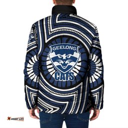 Geelong Cats Padded Jacket Indigenous Monochrome Dot Art Mascot Style TS04