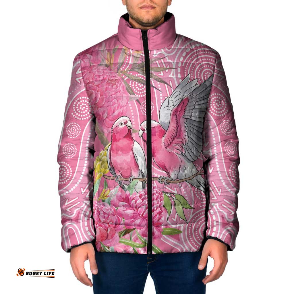 Australia Pink Galah Padded Jacket Rose-breasted Cockatoo Waratah Indigenous Art LT14