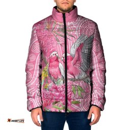 Australia Pink Galah Padded Jacket Rose-breasted Cockatoo Waratah Indigenous Art LT14