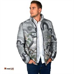 Australia Grey Butcherbird Padded Jacket Eucalyptus Alba Indigenous Art LT14