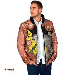 Australia Tawny Frogmouth Padded Jacket Golden Wattle Banksia Aboriginal Art LT14