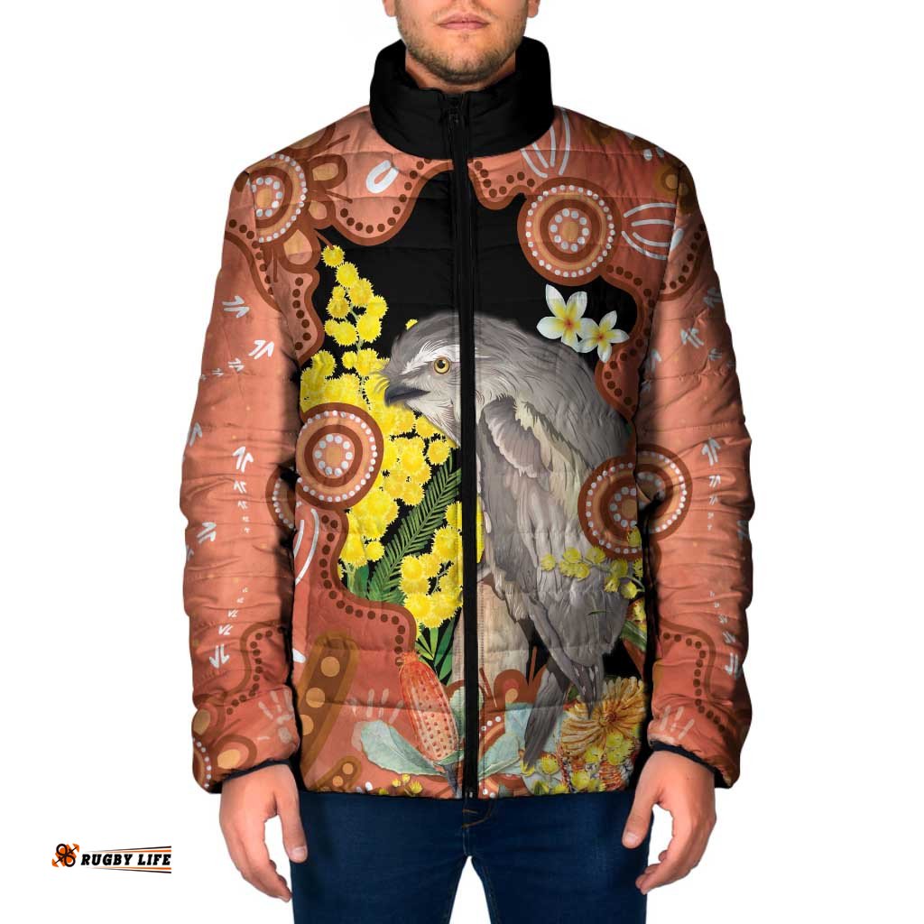 Australia Tawny Frogmouth Padded Jacket Golden Wattle Banksia Aboriginal Art LT14