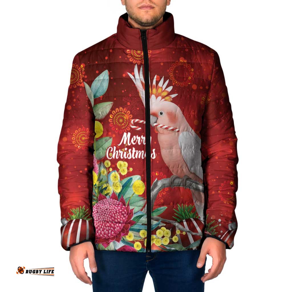 Australia Pink Cockatoo Christmas Padded Jacket Aussie Native Flowers Merry Xmas - Red LT14