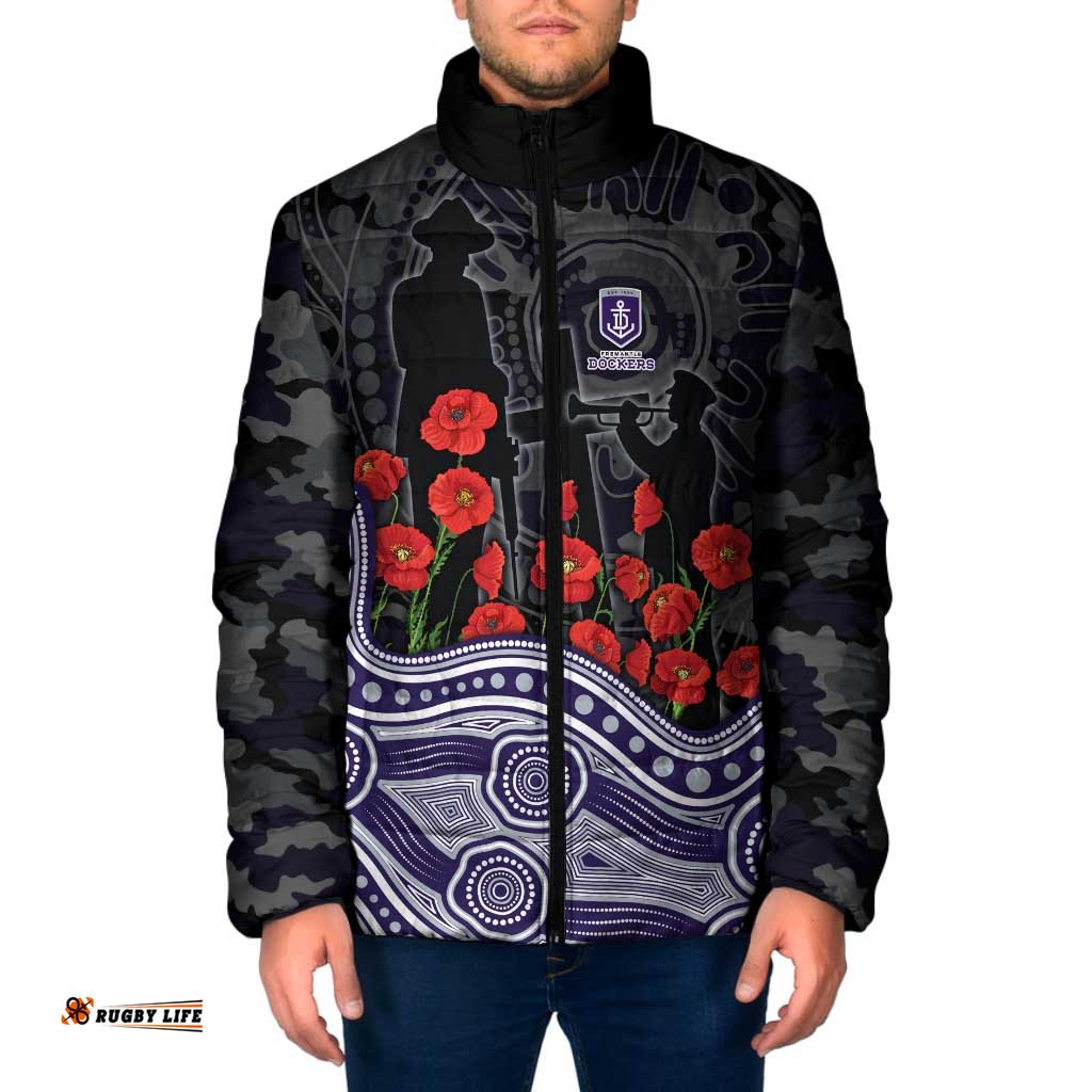 Fremantle Dockers ANZAC Day Padded Jacket Indigenous Dot Art with Poppy Flower Tribute TS04