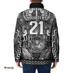 Custom New Zealand Taiaha Maori Padded Jacket Kiwikiwi Minimalist Silver Fern Tukutuku Motif LT9