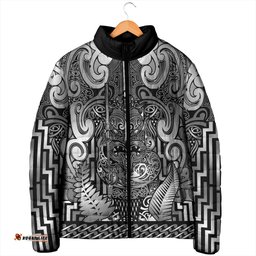 Custom New Zealand Taiaha Maori Padded Jacket Kiwikiwi Minimalist Silver Fern Tukutuku Motif LT9