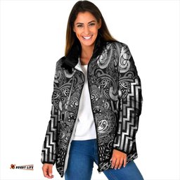 Custom New Zealand Taiaha Maori Padded Jacket Kiwikiwi Minimalist Silver Fern Tukutuku Motif LT9