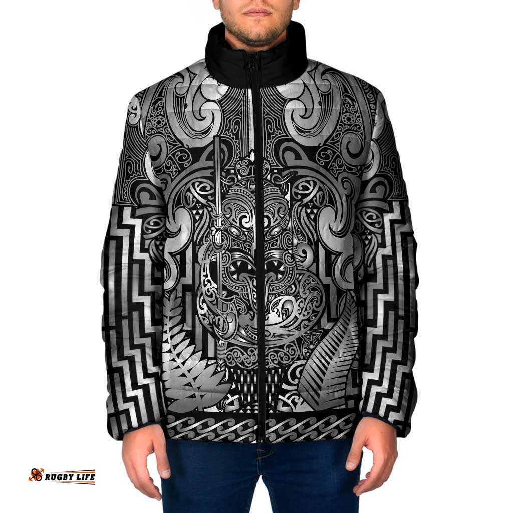 Custom New Zealand Taiaha Maori Padded Jacket Kiwikiwi Minimalist Silver Fern Tukutuku Motif LT9