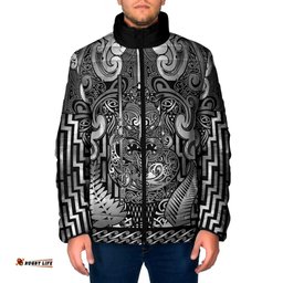 Custom New Zealand Taiaha Maori Padded Jacket Kiwikiwi Minimalist Silver Fern Tukutuku Motif LT9