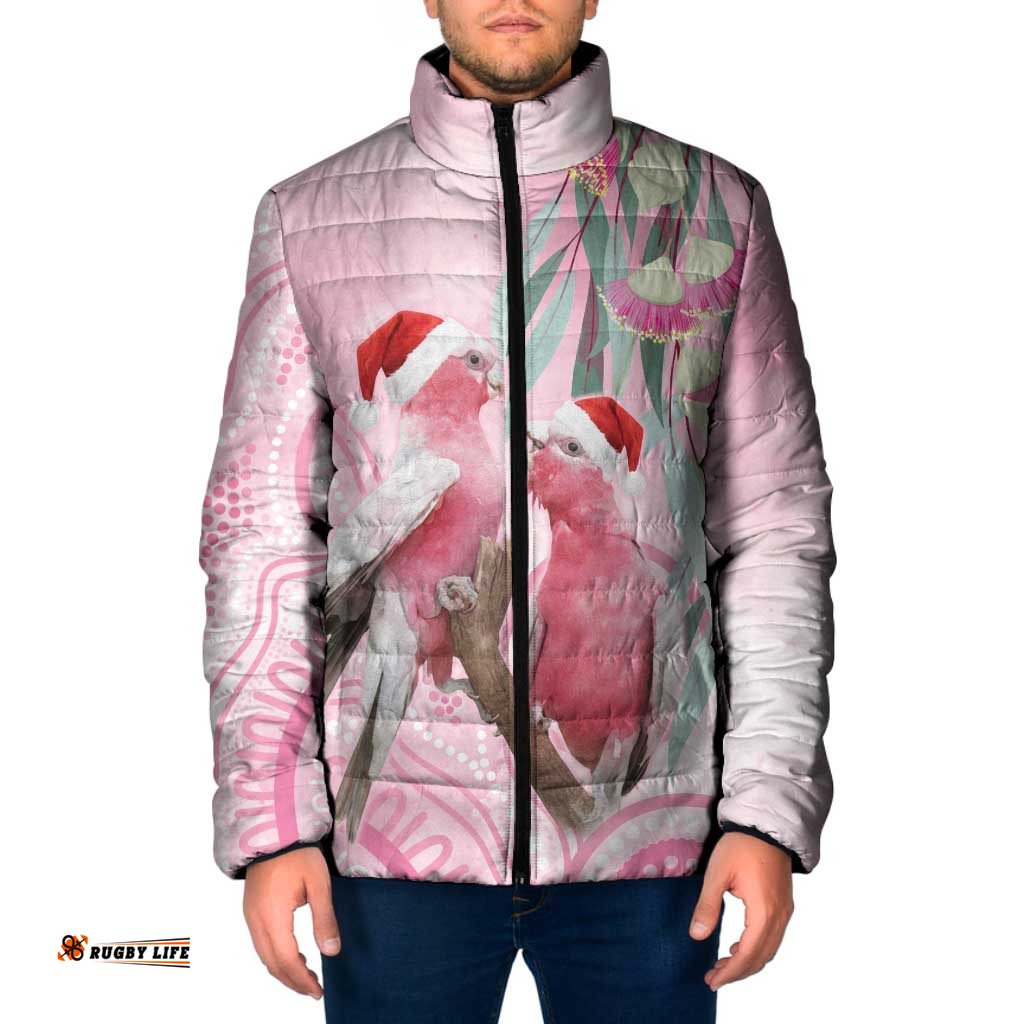 Australia Funny Pink Galah Christmas Padded Jacket Aboriginal Eucalyptus Blossoms Watercolor LT14