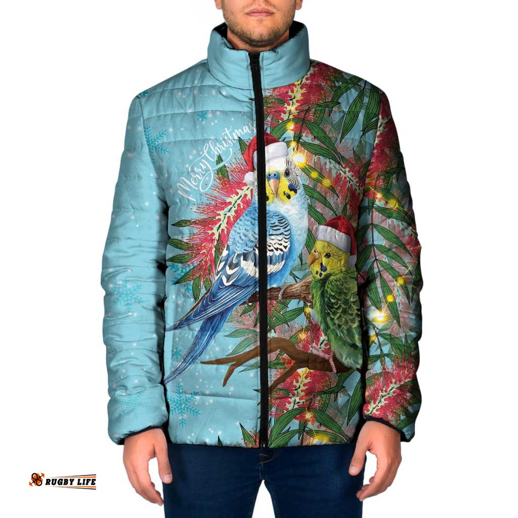 Blue Budgies on Callistemon Padded Jacket Merry Christmas Aussie LT7