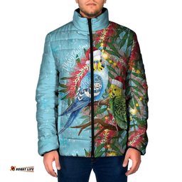 Blue Budgies on Callistemon Padded Jacket Merry Christmas Aussie LT7