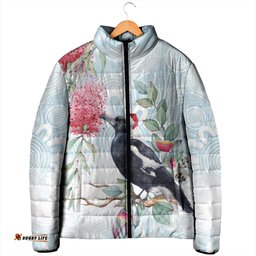 Australia Magpie Christmas Padded Jacket Eucalyptus Aboriginal Watercolor Stylized LT14