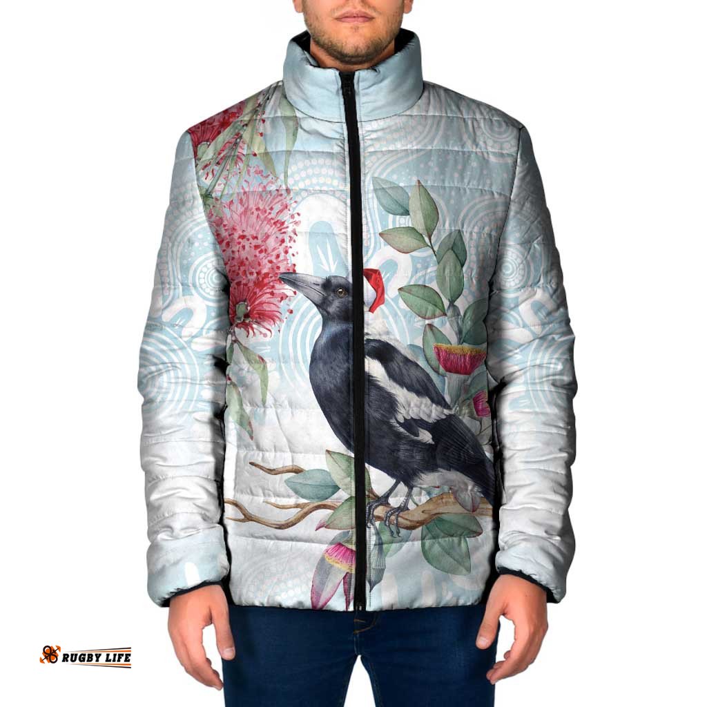 Australia Magpie Christmas Padded Jacket Eucalyptus Aboriginal Watercolor Stylized LT14