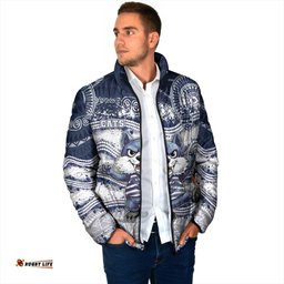 Custom Geelong Navy Padded Jacket Playful Cat Kicking Ball DT05