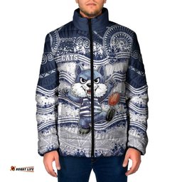 Custom Geelong Navy Padded Jacket Playful Cat Kicking Ball DT05