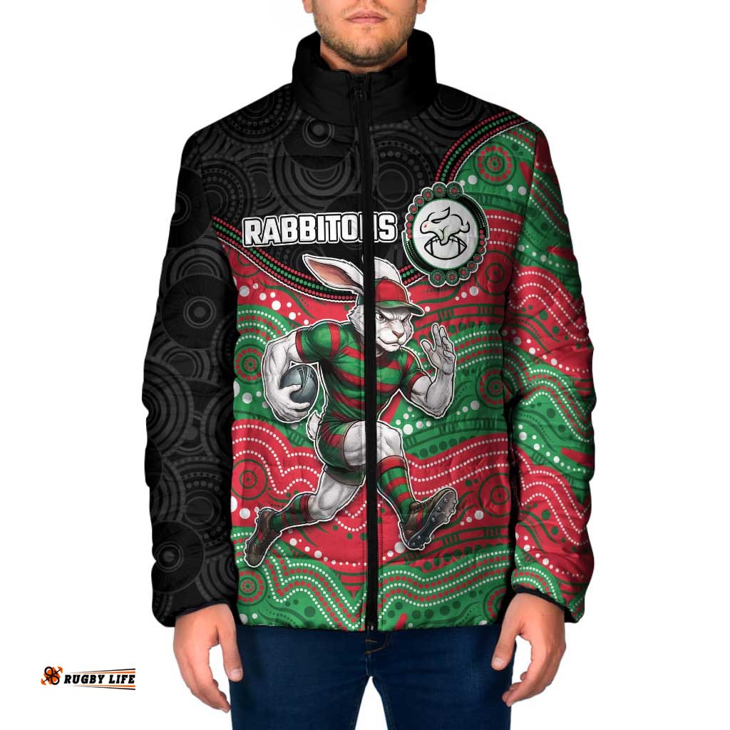 Custom Rabbitohs Padded Jacket Rabbit Mascot With Aboriginal Indigenous DT05
