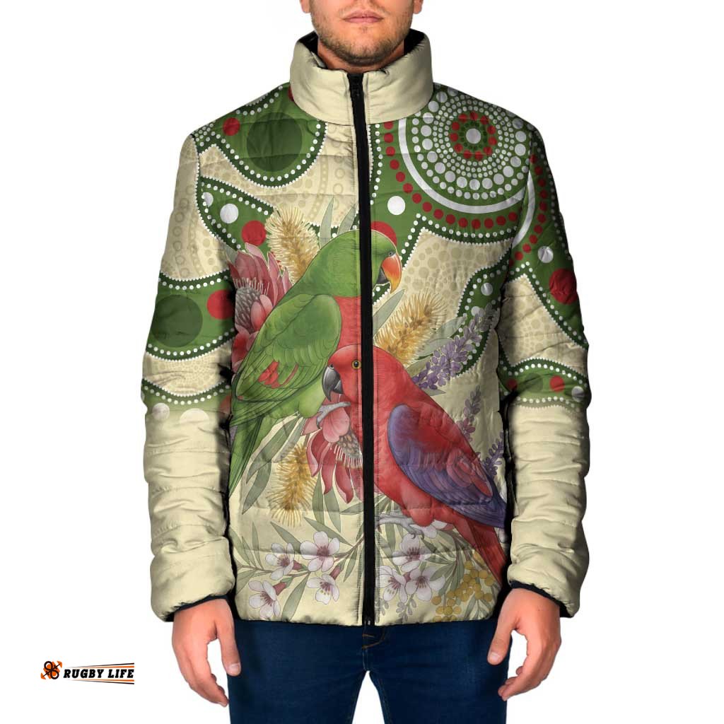 Australia Moluccan Eclectus Padded Jacket Australian Native Flowers Indigenous Art LT14